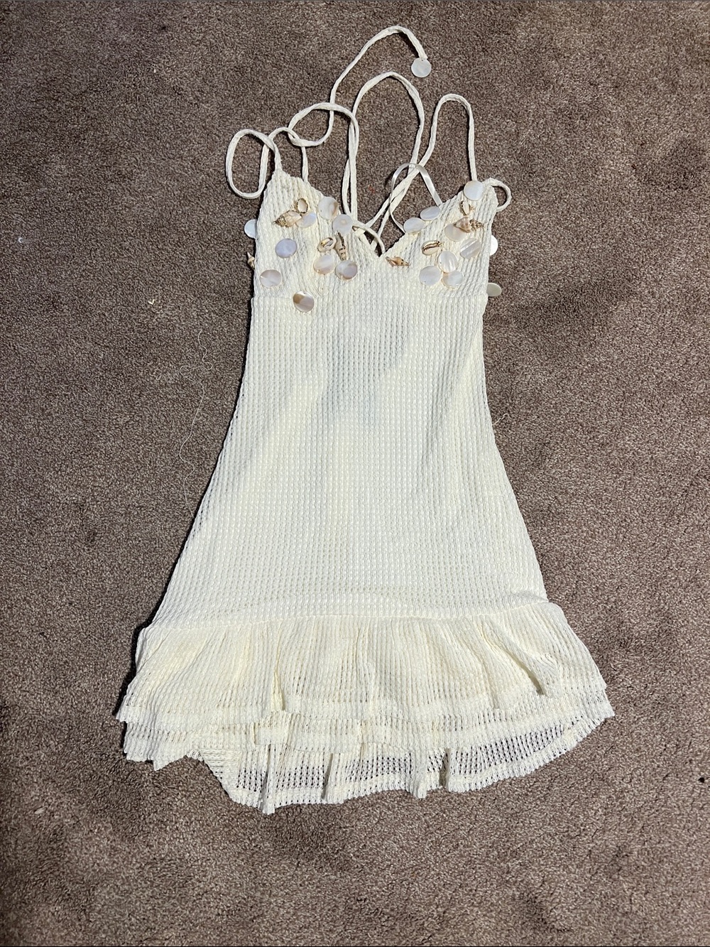 Cream Knit Mini Dress with Shell Accents